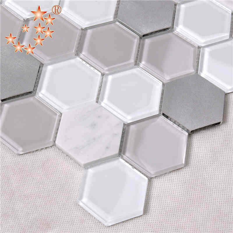 Viimeisin muotoilu Keittiö ja kylpyhuone Sisustus Sisältö Vesisuihku kuusikulmio metalli lasi sekoitettu marmorilattia Mosaic Tile