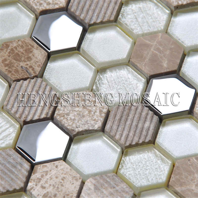 Glitter Silver Plating Värilliset kuusikulmioiset keraamiset seinälaatat Keittiö Backsplash Glass Mosaic