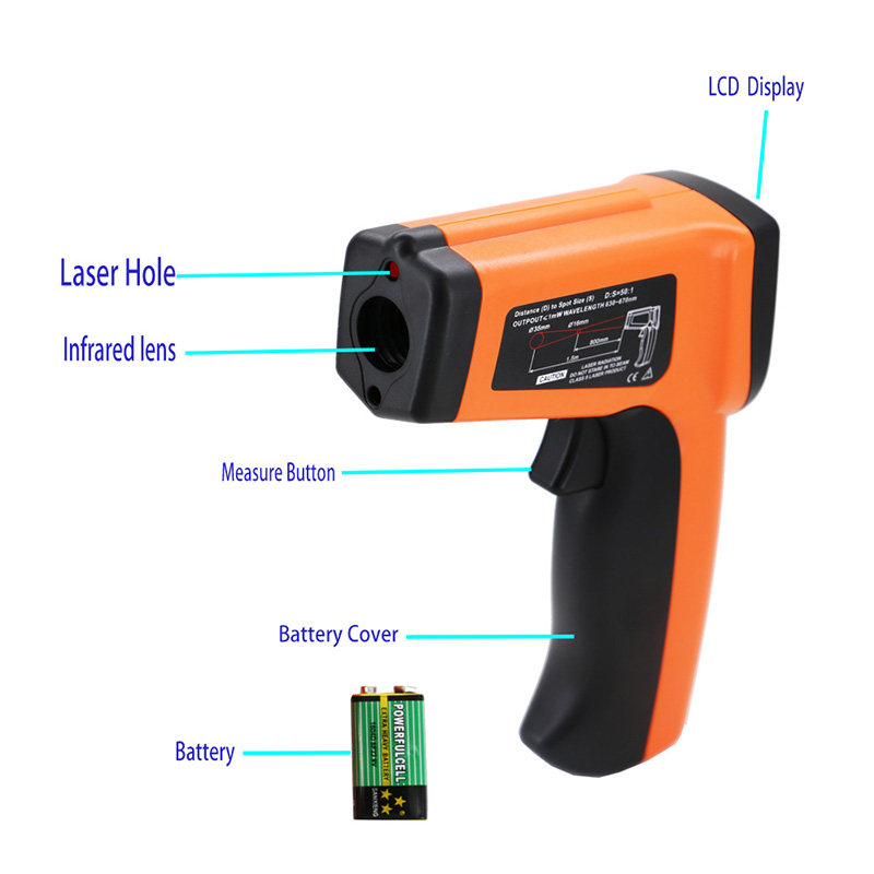 Lämpötilapistooli-infrapuna-lämpömittari Digitaalinen työkalu, jossa on laser-näköinen tarkkojen näytön akku