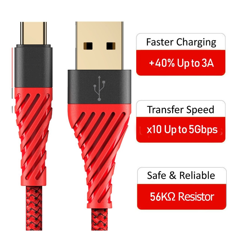 USB C-kaapeli 3.0, tyypin C USB-kaapeli nopeasti ladattava USB-matkapuhelinkaapeli Samsung Galaxy S8, S9 Plus, Note 8, LG v20, G6, G5, v30, Google Pixel 2 XL, Nexus 6-3 Pack Red