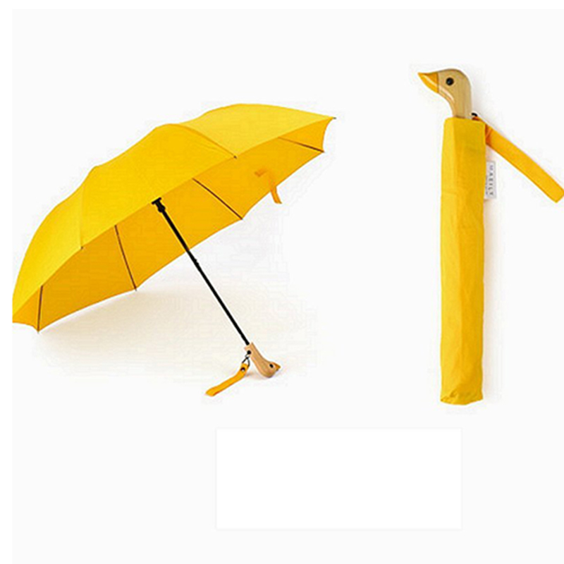 2019 Automaattisen avoimen keltaisen ankan puinen kahvakoukku 2 taitettava sateenvarjo