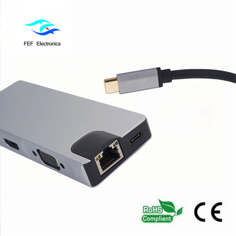 USB-tyyppi c / HDMI naaras + VGA naaras + 2 * USB3.0 naaras + SD + TF + PD metallikotelo
