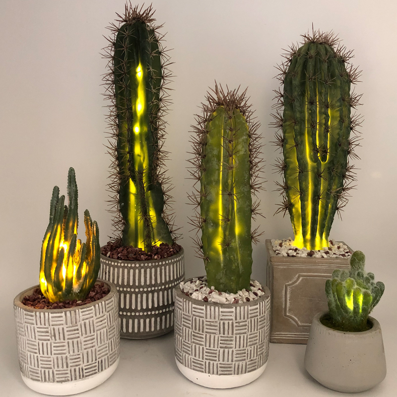 LED-keinotekoinen kaktus koristeellisessa lasiruukussa, mehikasvi sisustus