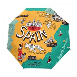 Tuulenpitävä mukautettu tulostus pongee-kangas 2-osainen lasikuitu kylkiluut automaattinen 3 taitettava sateenvarjo