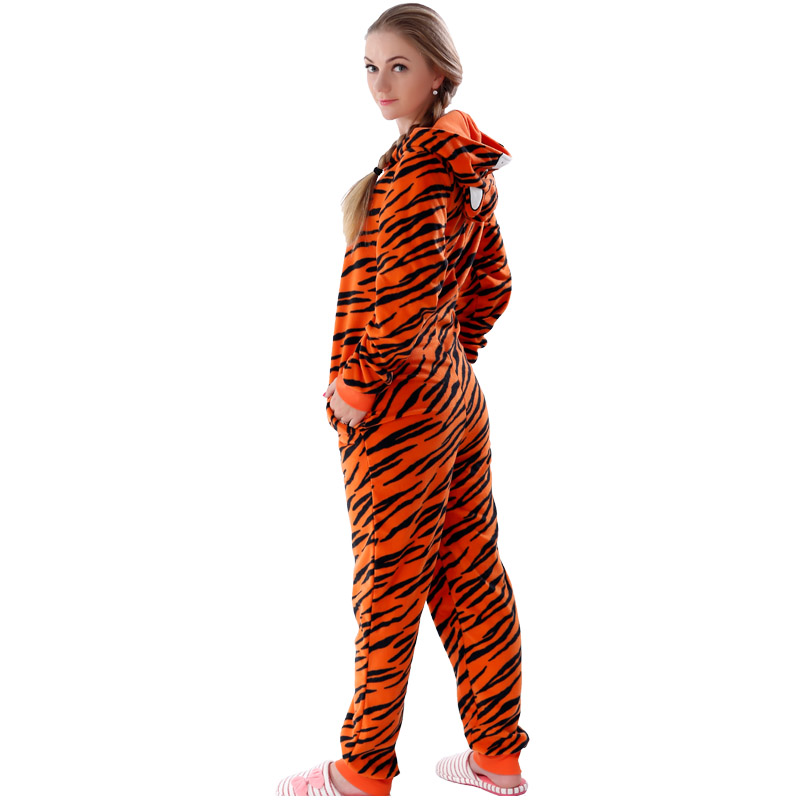 Naisten mikrokuitufleeki-hupullinen tiikeri Onesie-pyjaman puku