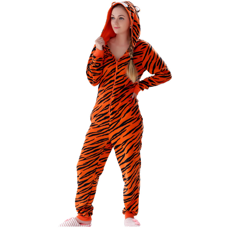 Naisten mikrokuitufleeki-hupullinen tiikeri Onesie-pyjaman puku