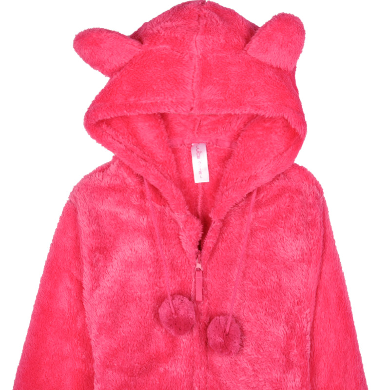 Naisten kuuma vaaleanpunainen Onesie-pyjama, jossa on eläinten korvat