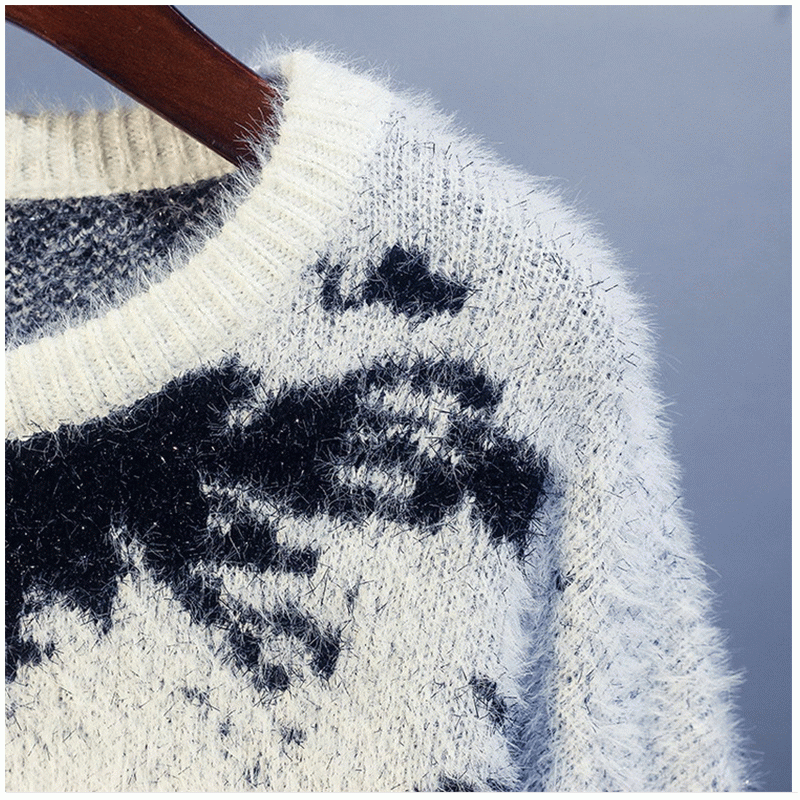 2019 Pitkä vartaloeste, minivilla, Jacquard, pitkä turkis, löysä neule, villapaita