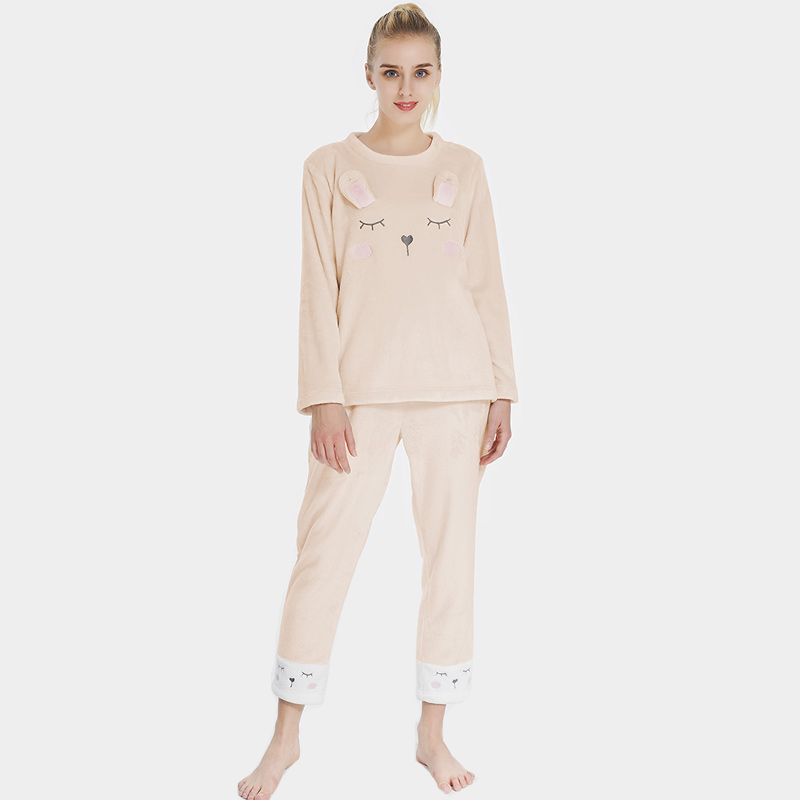 Naisten flanelli fleece-eläinten brodeeraus kanin pyjama-setti