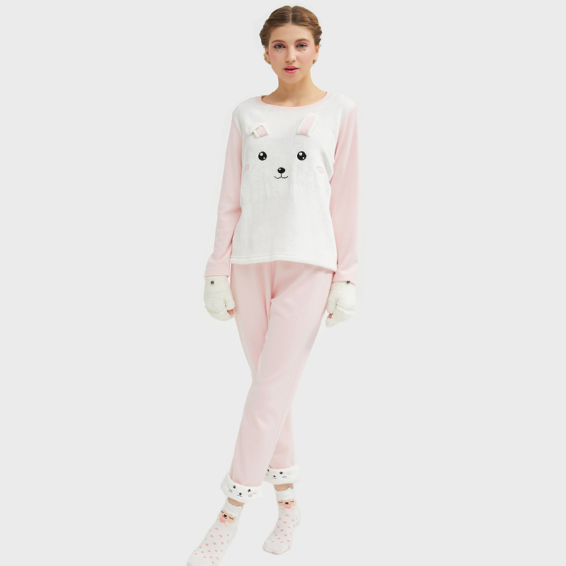 Naisten flanelli-fleece-eläinten kirjonta kissan pyjama-setti