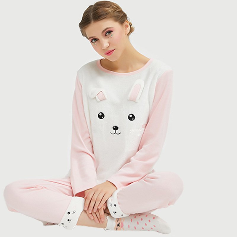 Naisten flanelli-fleece-eläinten kirjonta kissan pyjama-setti