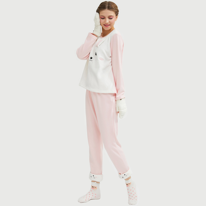 Naisten flanelli-fleece-eläinten kirjonta kissan pyjama-setti
