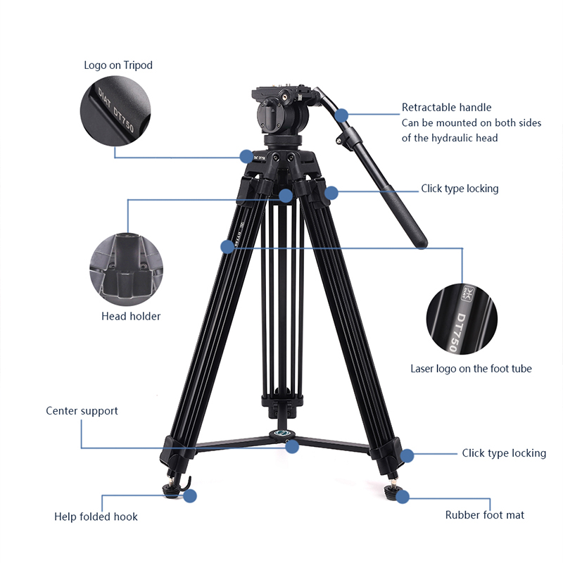 DIAT uusi DT750 -kamerakamera tukee kolmijalkaa kolmiosaista 1,7 metrin korkeaa DSLR-raskaiden jalustaa