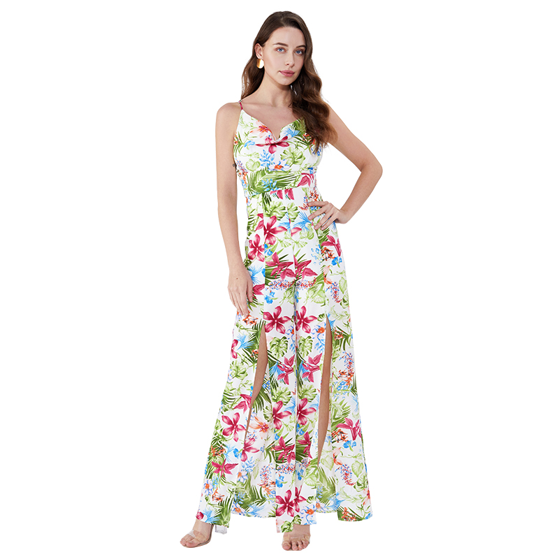 Kesällä halkaistu yksilöllinen kukkatulostus yksiosainen joustava Vintage-jumpsuit