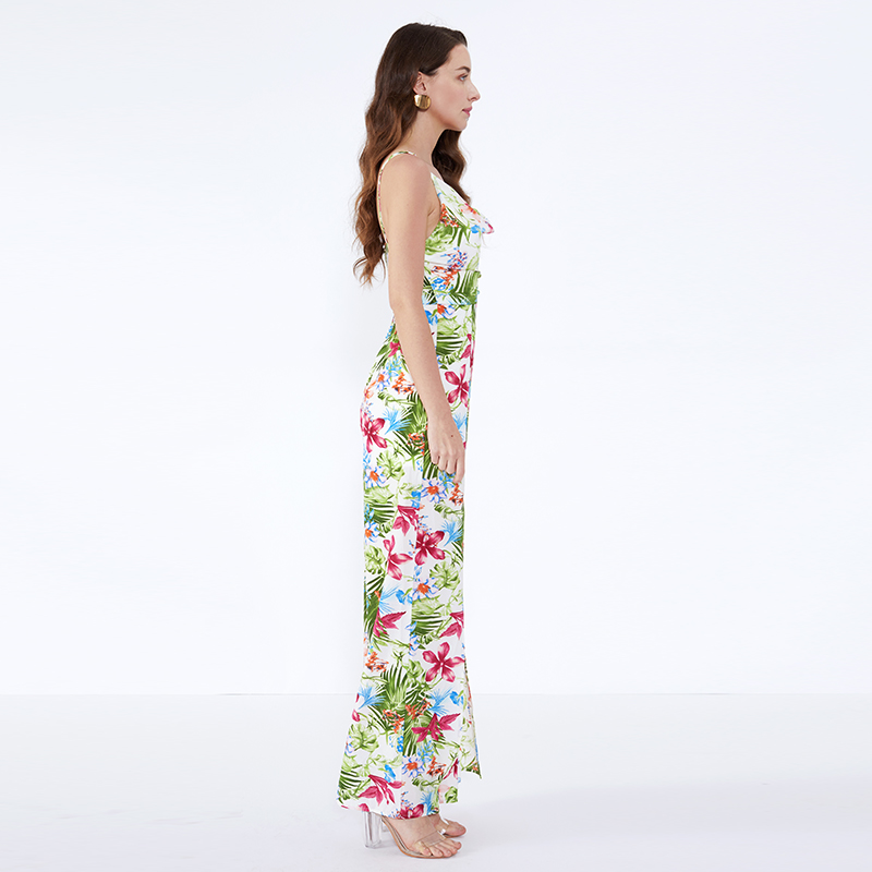 Kesällä halkaistu yksilöllinen kukkatulostus yksiosainen joustava Vintage-jumpsuit