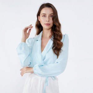 Vaaleansininen huivikaulus Tyylikäs muoti toimisto Wear hyvät pitkät hihat pusero