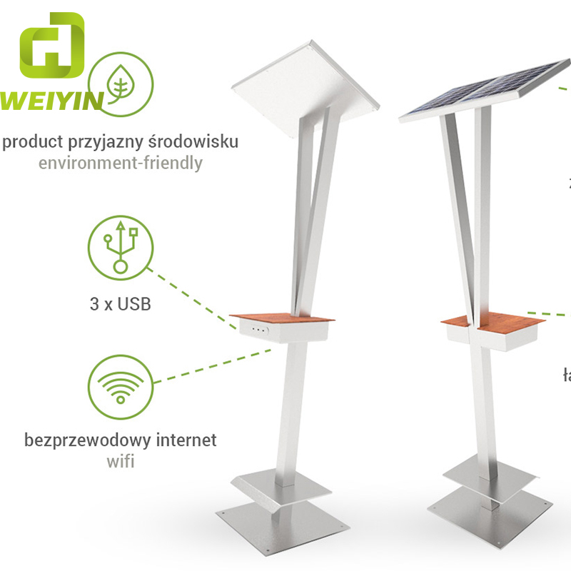 Minimalistinen suunnittelu älykkäällä aurinkovoimalla toimivalla USB-matkapuhelimen latausasemalla yhteisöille ja puistoille