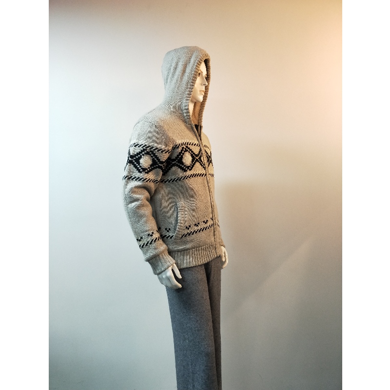 GREY PRINT HOODED SWEATER COAT RLMS0066F