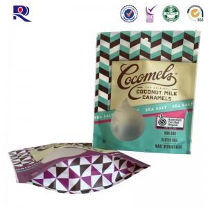 Painettu ja laminoitu, taaksepäin kallistettava muovipussi suklaamaitokookospähkinää varten