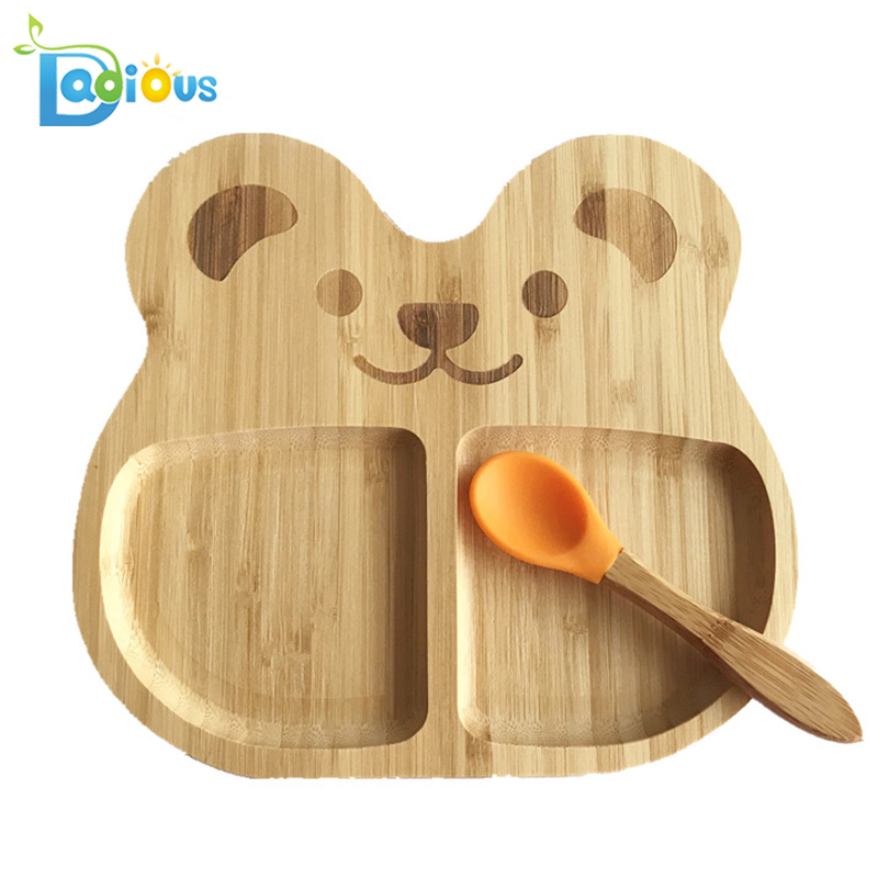 Ympäristöystävällinen uudelleenkäytettävä halpa Bamboo Kids -levyt Toddler Bamboo Spoons Silikoni-imu Puinen vauvan levy