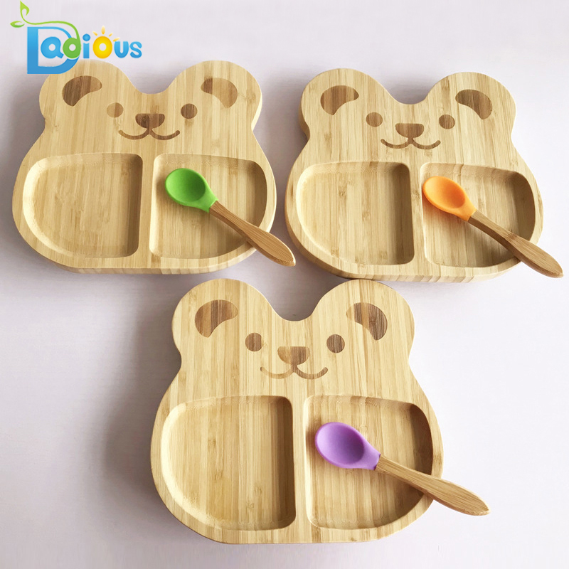 Ympäristöystävällinen uudelleenkäytettävä halpa Bamboo Kids -levyt Toddler Bamboo Spoons Silikoni-imu Puinen vauvan levy