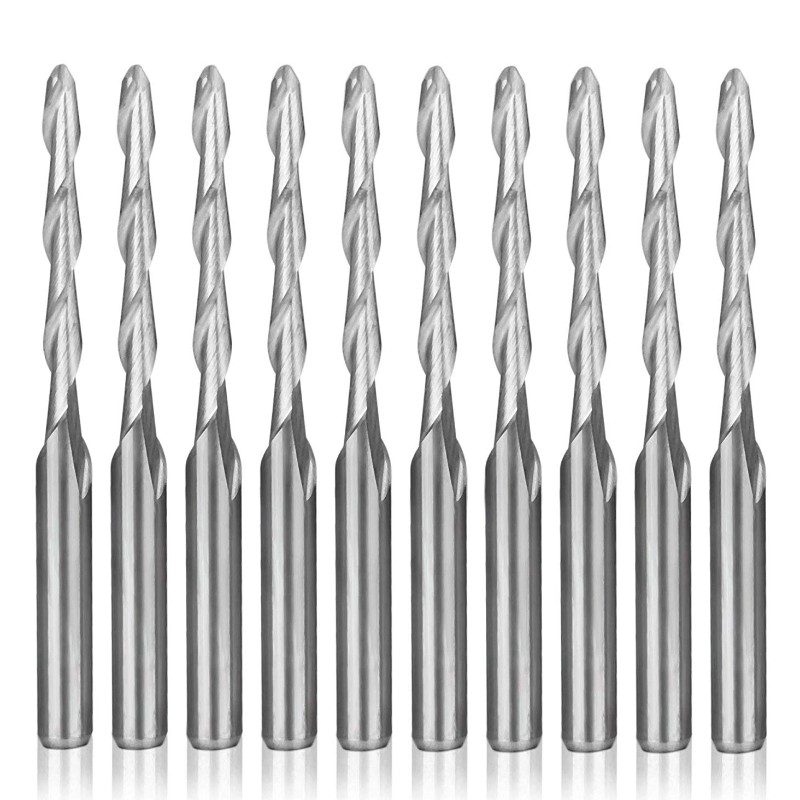 CNC-reitittimen terä 1/8 ”varren pallo-nenäpääty 2 mm: n leikkaus dia. 2-huiluinen kierrepäällysteinen jyrsinleikkurin kaiverrus kaiverrustyökalusarja Volfraamiteräs 17 mm CEL, 38,5 mm OAL MDF-akryyliselle puulle PVC