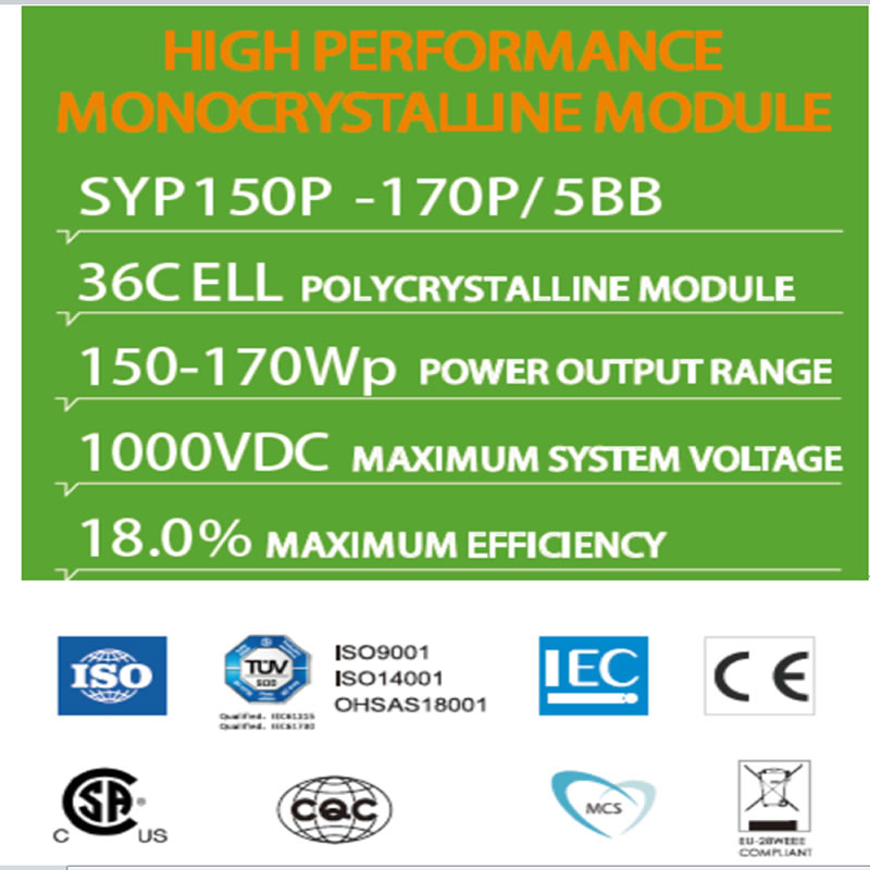 Korkean suorituskyvyn monokristallimoduuli SYP150P -170P / 5BB 36C ELL POLYCRYSTALLINE MODUULI