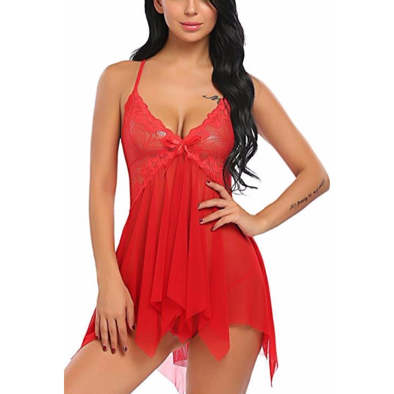 Naisten alusvaatteet pitsi Babydoll V kaula yöpuvut hihna chemise rose-team