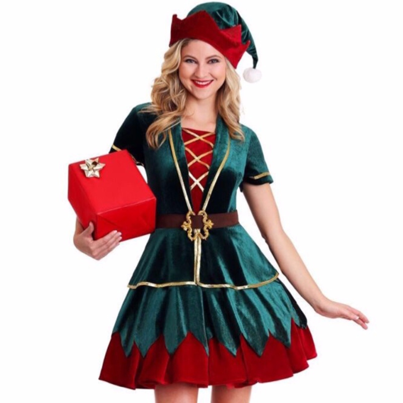 4pcs Deluxe Elf Christmas Party Holiday Velvet Mini Dress Costrume with Hat