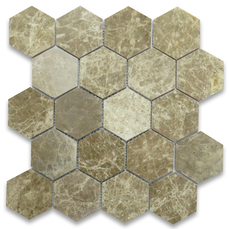 Emperador Light 1x2 Basketweave Mosaic Tile w Emperador Dark Dots kiillotettu