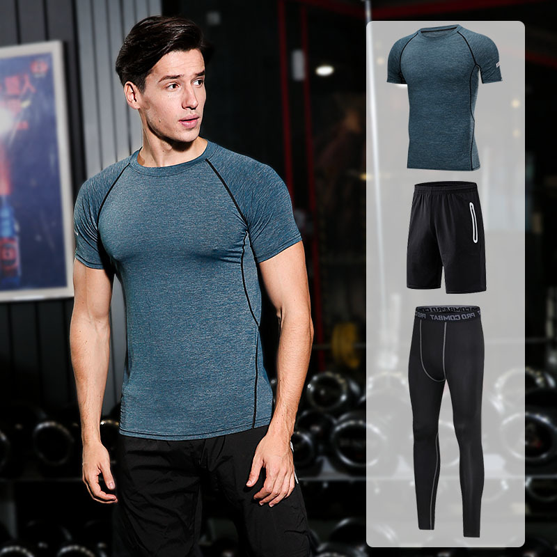 FDMM003-3 miesten fitnesspuku, t-paita + löysät shortsit + tiukkahousut