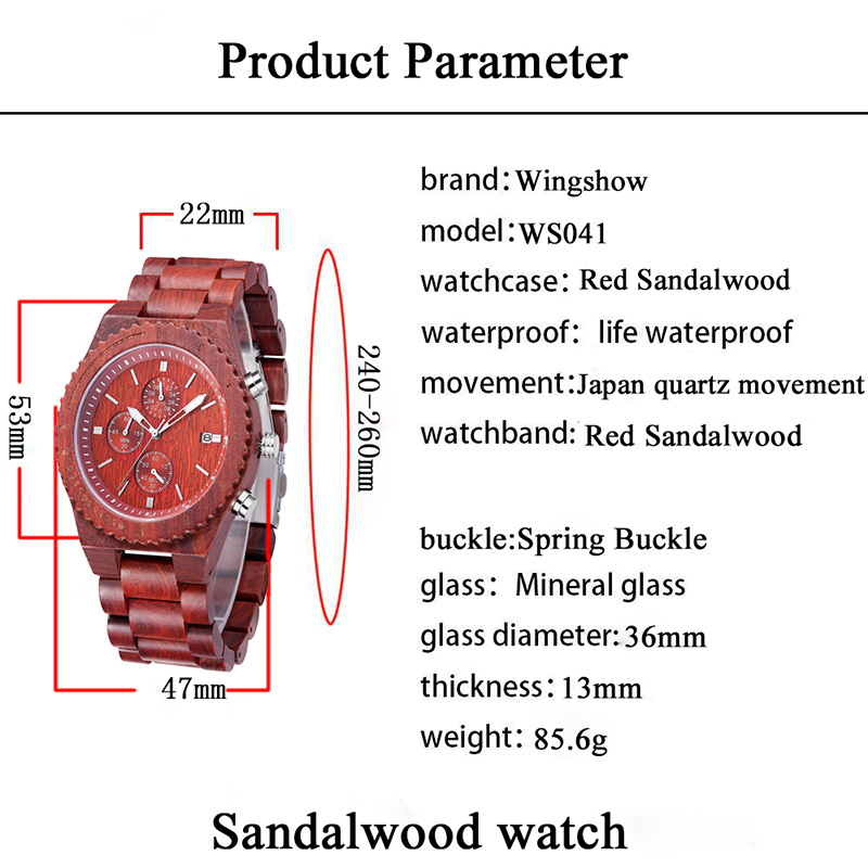 Punainen sandaalipuu vedenpitävä kello, jossa päivämäärä näyttö muoti kvartsikelloja