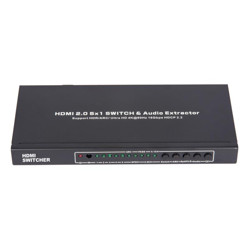 V2.0 HDMI 5x1 -kytkimen ja äänenpoistimen tuki ARC Ultra HD 4Kx2K @ 60Hz HDCP2.2 18 Gbps