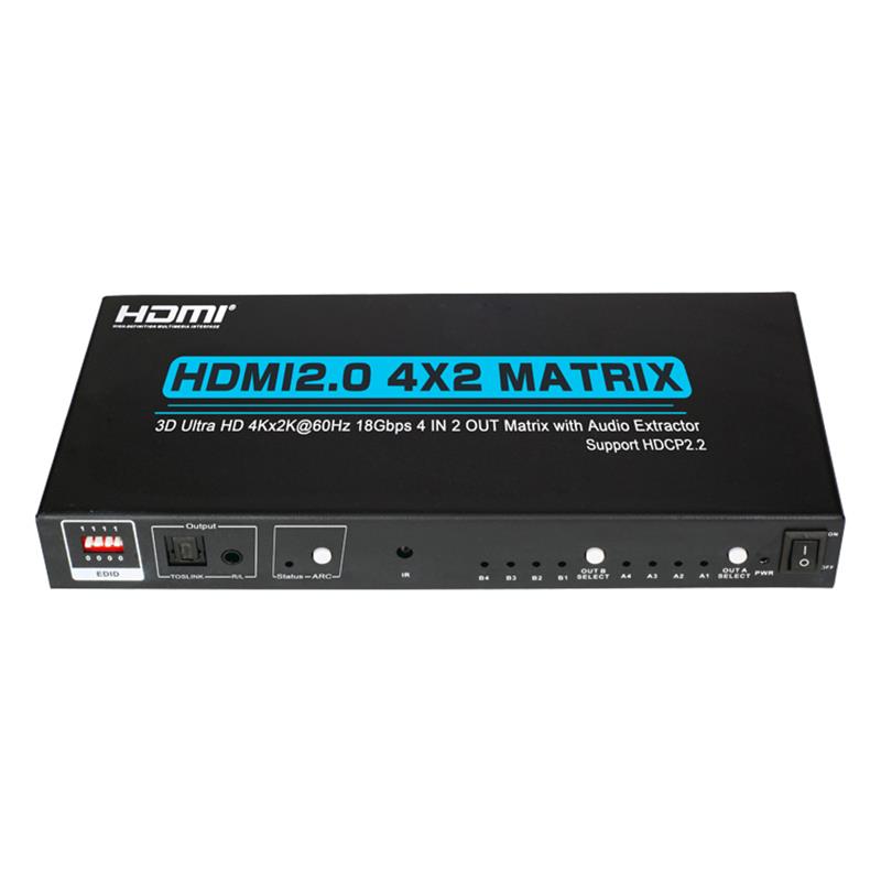 V2.0 HDMI 4x2 Matrix -tuki Ultra HD 4Kx2K @ 60Hz HDCP2.2 18 Gbps äänenpoistimella