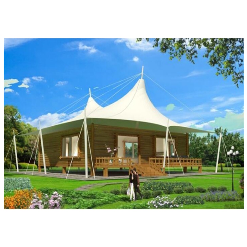 Kuumat myynnissä olevat eturakennukset PVDF / PTFE-kangasmateriaalit Camp Teltat Lasiseinähotelli Jungle Resort -lamppujen telttat