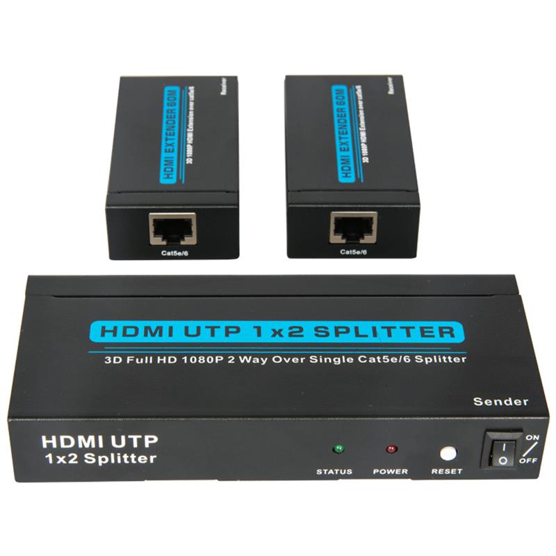 2 portin UTP HDMI 1x2 -jakaja yhden Cat5e / 6: n yli, 2 vastaanottimen kanssa 60m: n korkeudella