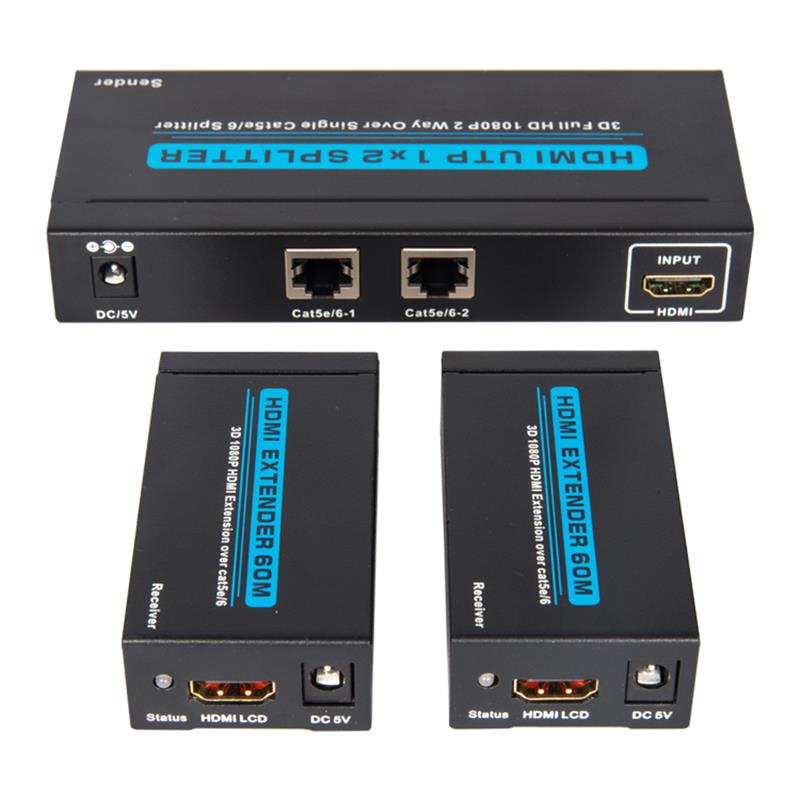 2 portin UTP HDMI 1x2 -jakaja yhden Cat5e / 6: n yli, 2 vastaanottimen kanssa 60m: n korkeudella