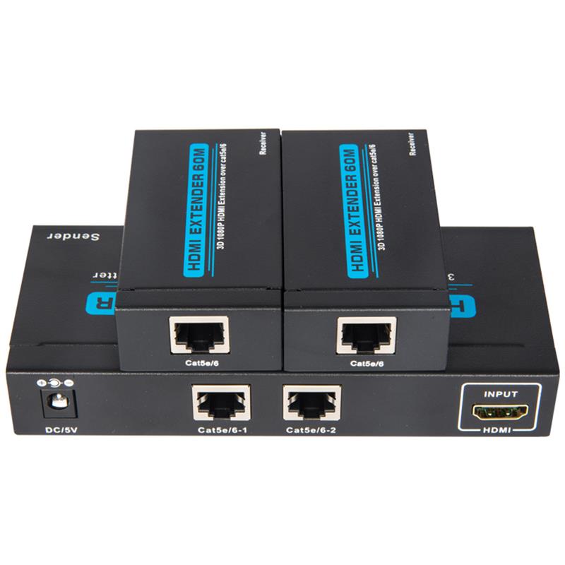 2 portin UTP HDMI 1x2 -jakaja yhden Cat5e / 6: n yli, 2 vastaanottimen kanssa 60m: n korkeudella