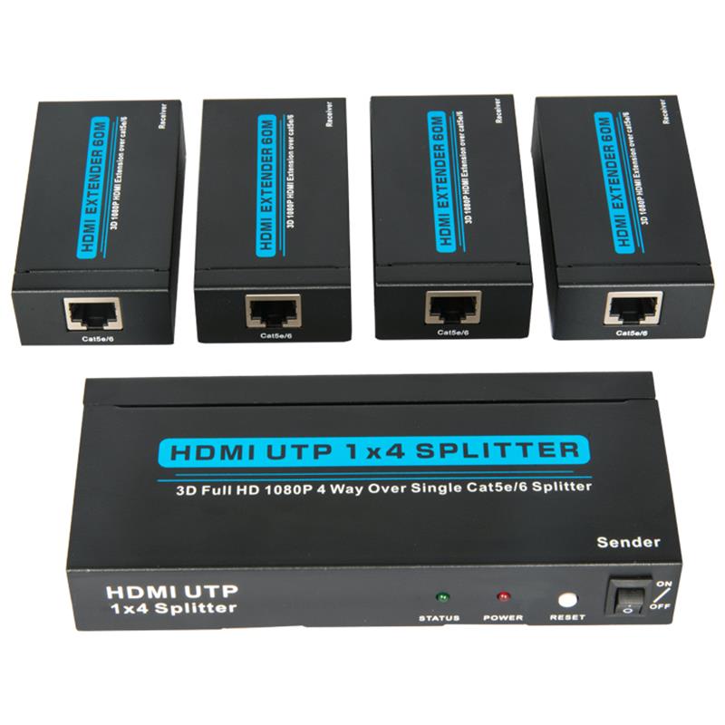 4 portin HDMI UTP 1x4 -jakaja yhden Cat5e / 6-liitäntälaitteen kanssa 4 vastaanottimen kanssa, joiden korkeus on 60 metriä