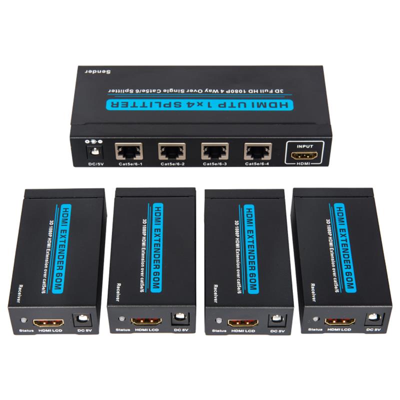 4 portin HDMI UTP 1x4 -jakaja yhden Cat5e / 6-liitäntälaitteen kanssa 4 vastaanottimen kanssa, joiden korkeus on 60 metriä