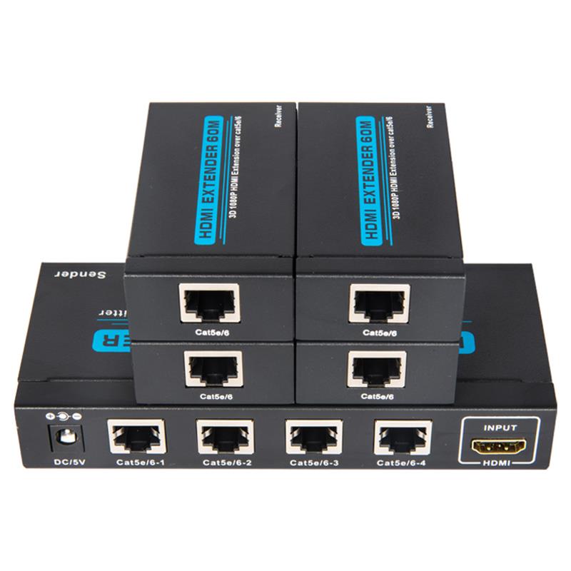 4 portin HDMI UTP 1x4 -jakaja yhden Cat5e / 6-liitäntälaitteen kanssa 4 vastaanottimen kanssa, joiden korkeus on 60 metriä