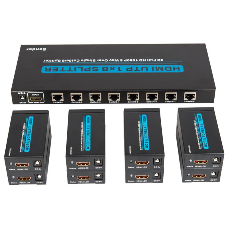 8 porttia HDMI UTP 1x8 -hajotin yhden Cat5e / 6-vastaanottimen kanssa 8 vastaanottimen kanssa, joiden korkeus on 60 metriä