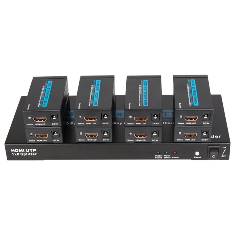 8 porttia HDMI UTP 1x8 -hajotin yhden Cat5e / 6-vastaanottimen kanssa 8 vastaanottimen kanssa, joiden korkeus on 60 metriä