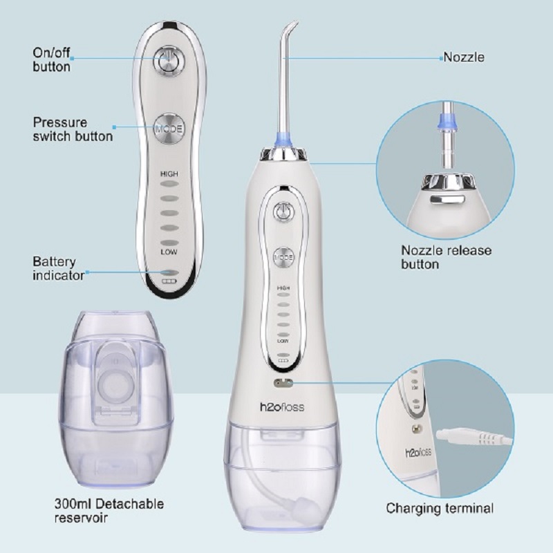 H2ofloss Water Flosser Professional -johdoton hammaslääkärin huuhtelulaite - kannettava ja ladattava IPX7-vedenpitävä vesikierto hammasten puhdistukseen, 300 ml säiliö kotiin ja matkoille (HF-6)