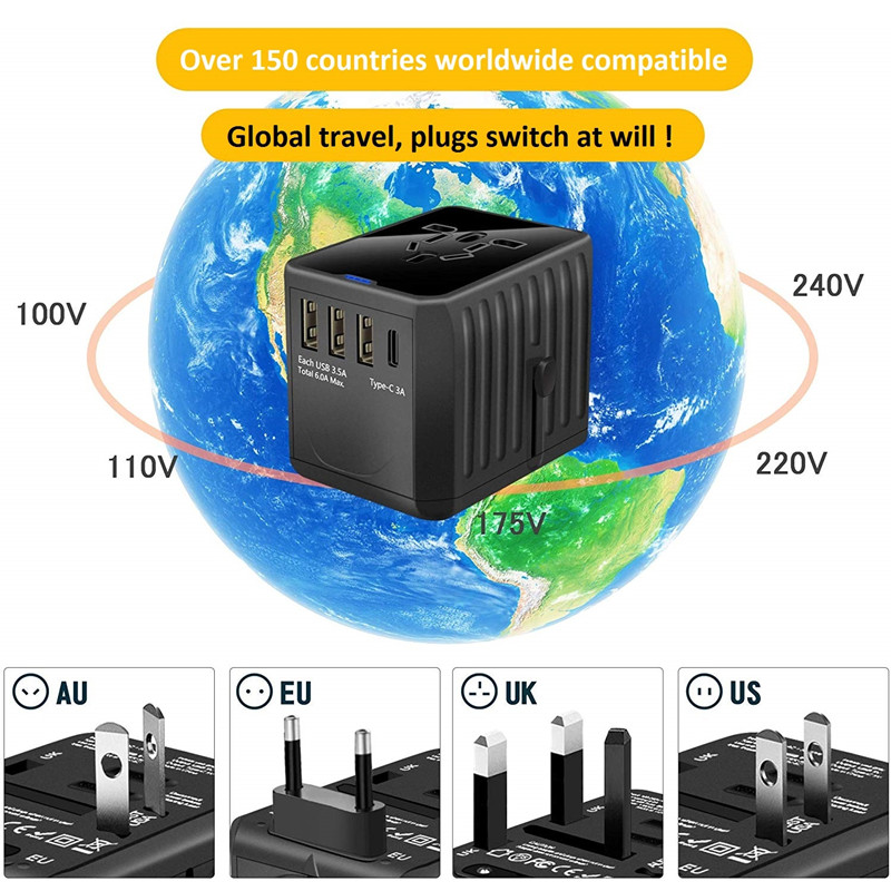 RRTRAVEL International Travel Adapter Universal -virtasovitin maailmanlaajuisesti Kaikki yhdellä 4 USB-liittimellä Täydellinen Euroopan Yhdysvalloissa, EU: ssa, Iso-Britanniassa, AU 160 -maissa