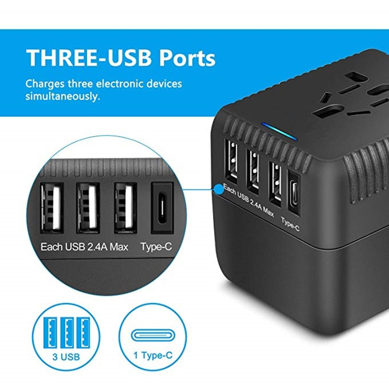 RRTRACVEL Universal Travel Adapter, All in One International Power Adapter, with 3 USB + 1 Type-C Charing Ports, European Plug Adapter, AC Outlet Plug Adapter for European, US, UK, AU 160+ Maat