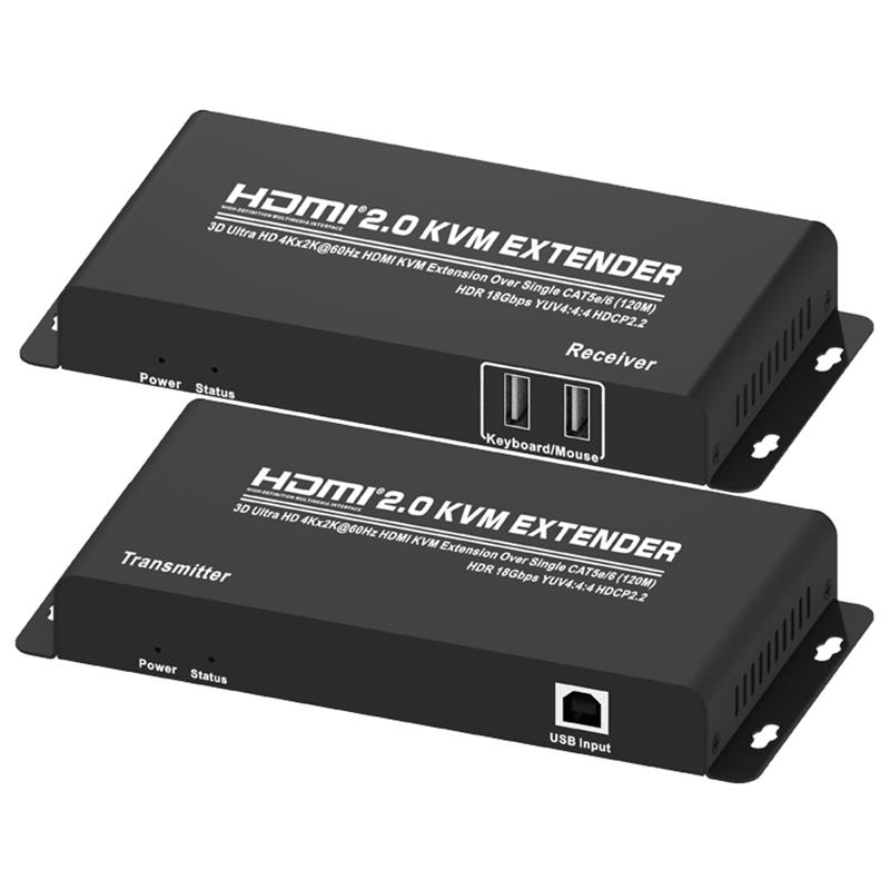 HDMI 2.0 KVM -laajennus 120 m yli yhden CAT5e / 6 -tuen. Tukee Ultra HD 4Kx2K @ 60Hz HDCP2.2