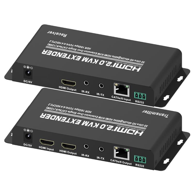 HDMI 2.0 KVM -laajennus 120 m yli yhden CAT5e / 6 -tuen. Tukee Ultra HD 4Kx2K @ 60Hz HDCP2.2