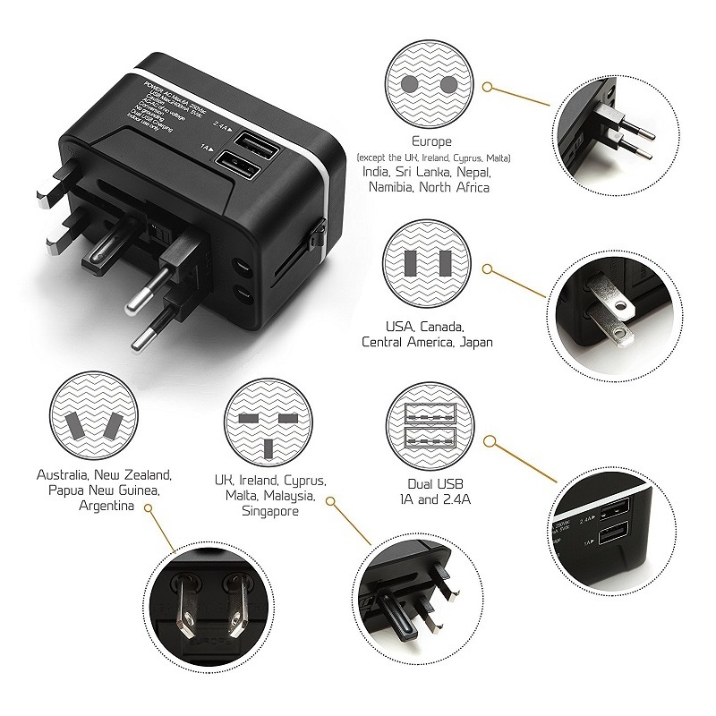 RRTRAVEL Travel Adapter, yleinen kansainvälinen virtalähde, jossa on 2 USB-porttia ja eurooppalainen pistokesovitin, hyvä matkapuhelimen kannettavalle yli 150 maassa