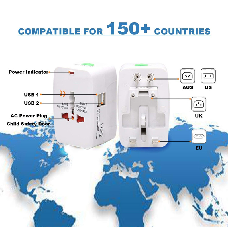 RRTRAVEL 931D maailmanlaajuinen matkavirtasovitin, yleinen matkavirtasovitin, virtalähdesovitin, jossa on kaksi USB-porttia, USA: n EU UK UK AUS-matkapuhelimen kannettavaan tietokoneeseen, joka kattaa yli 150 maata